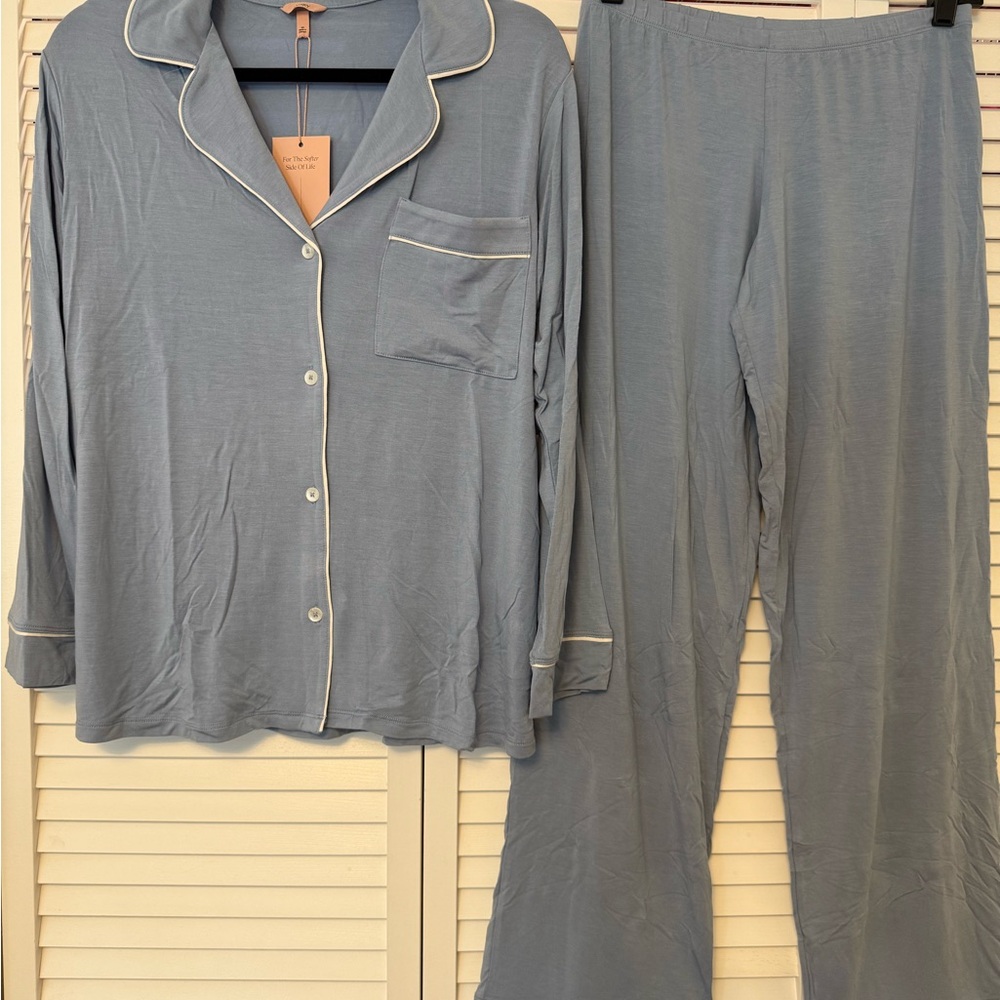 Eberjey Powder Blue Pajama Set with Cream Piping